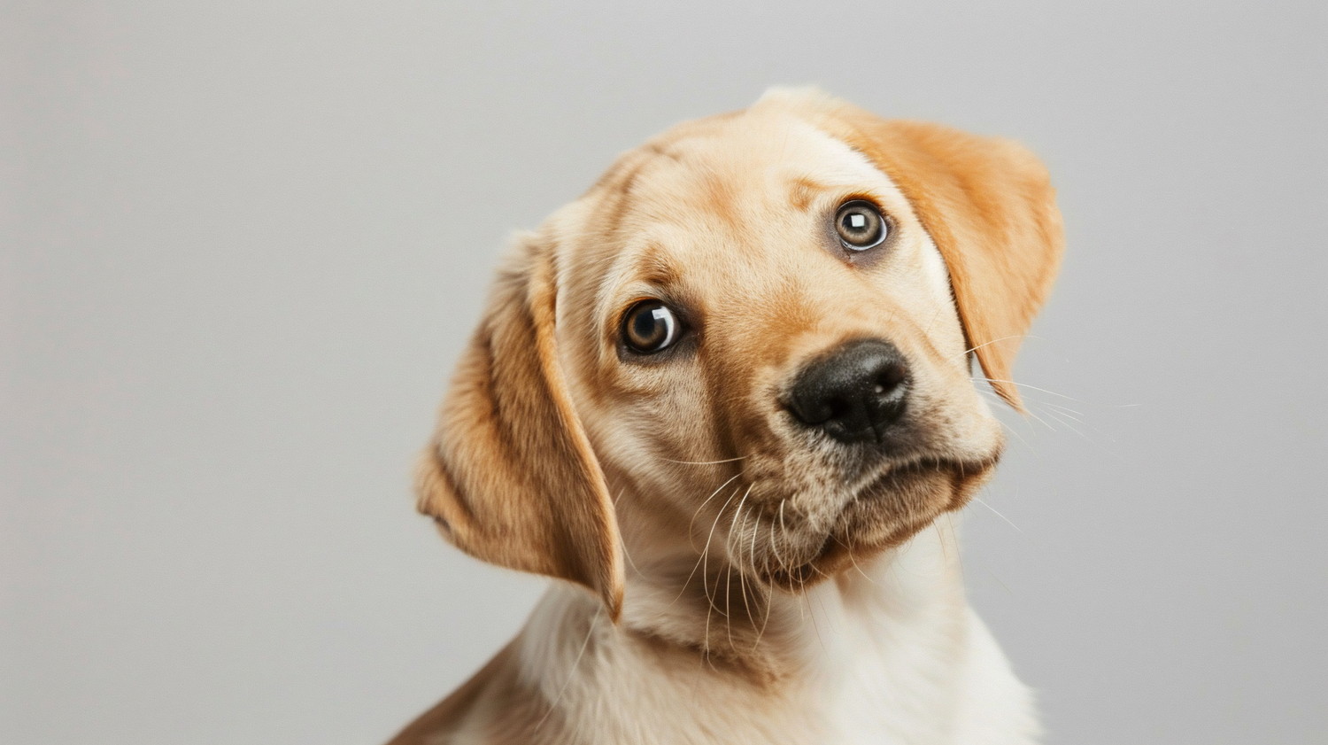 首を傾げながら正面を見つめる犬のアップ