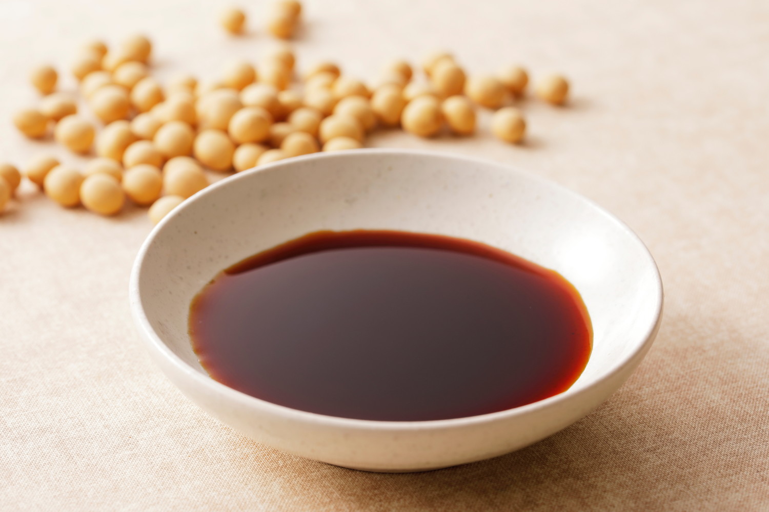 醤油が入った小皿と大豆