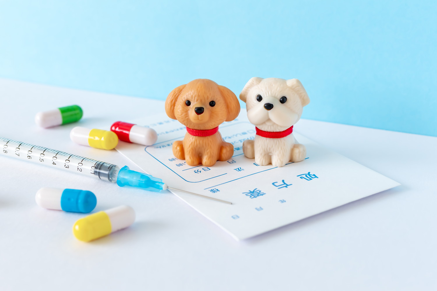 薬袋と薬と注射器が置かれている光景